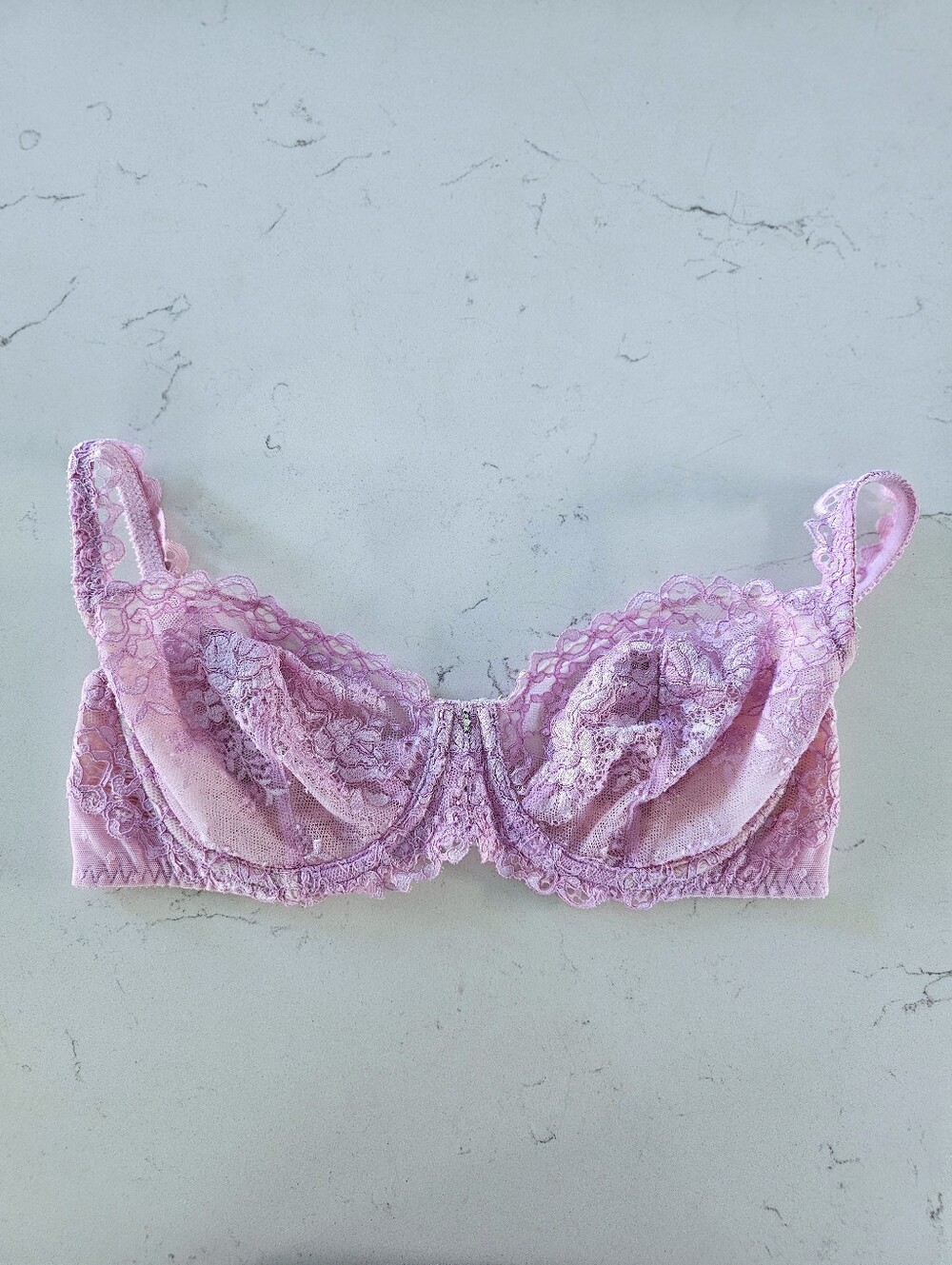 Vtg Victoria's Secret Sheer Lavender Lace Unlined Demi Bra 34D - Swiss Dot Mesh - Picture 4 of 8